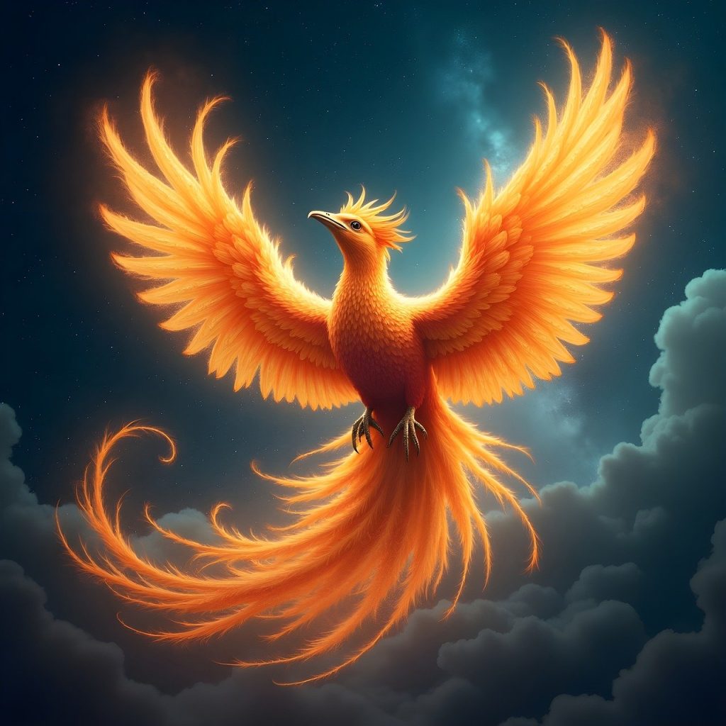 Oiseau Phénix de feu s'élevant dans un ciel étoilé, symbole de transformation profonde et de renaissance. séance de biographie.