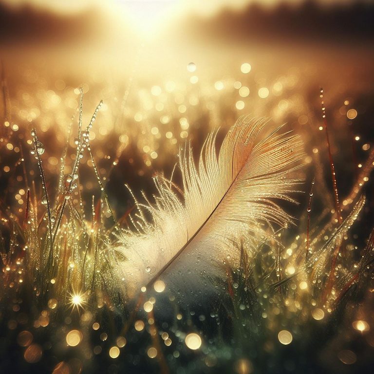 Plume délicate posée sur l'herbe au lever du soleil avec des gouttes de rosée scintillantes, symbolisant la légèreté et la clarté. séance de biographie.